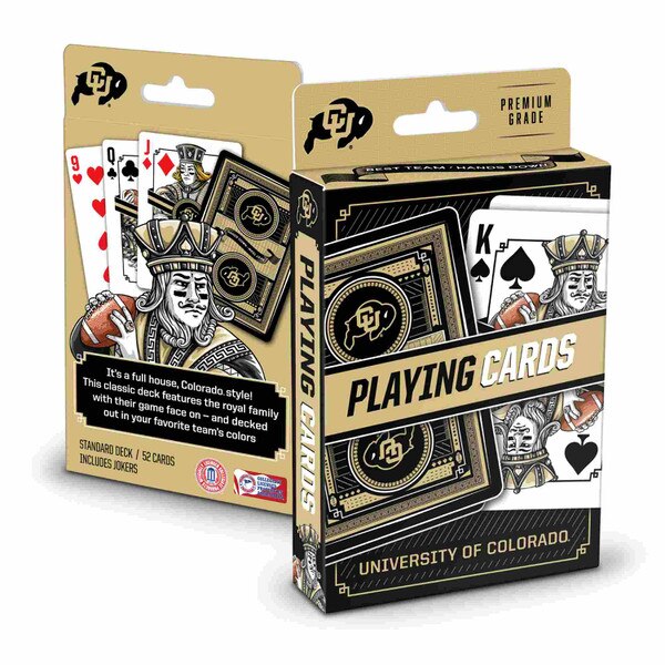 University of Colorado playing cards with CU Buffaloes logo and custom royal face cards in team colors.